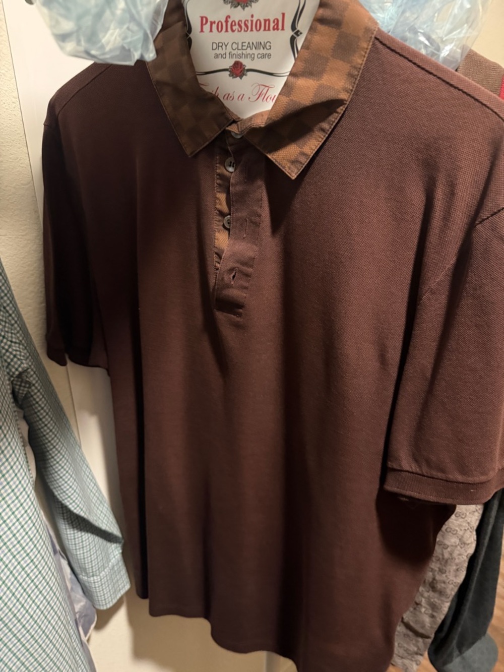 Louis Vuitton Men's Dark Brown Polo with Patterned Collar